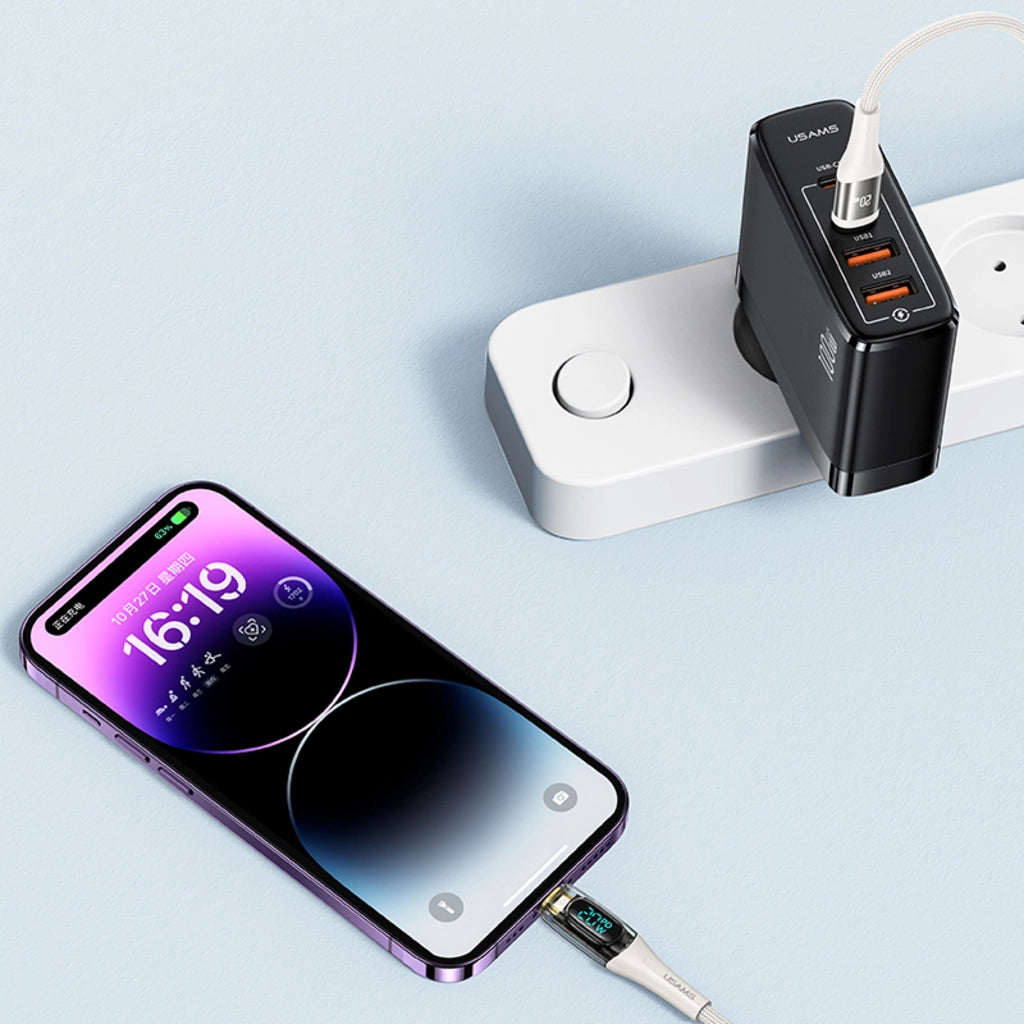 Cablu de încărcare USAMS USB-C – Lightning PD 20W, afișaj digital, design transparent, 1,2 m