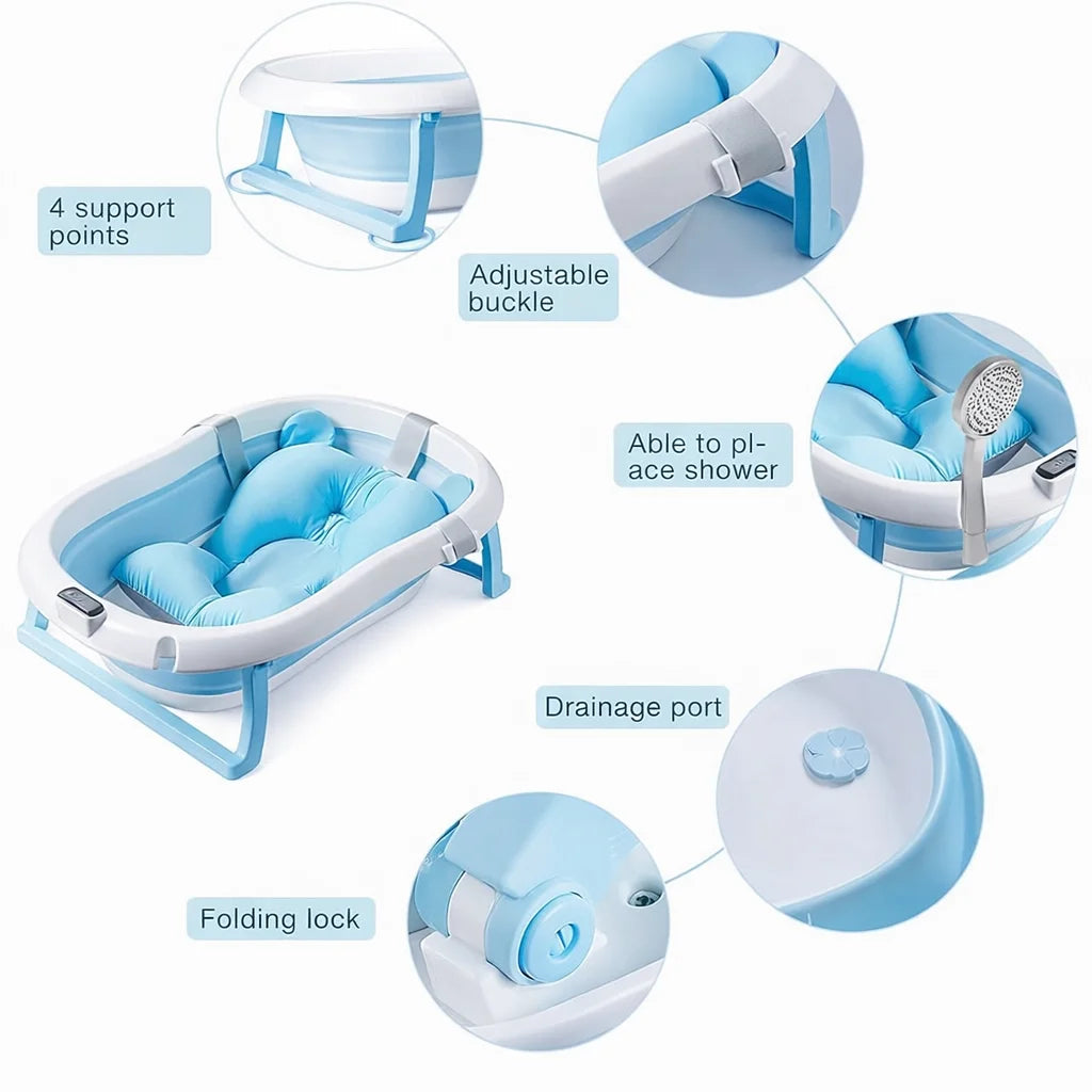 Cadita pliabila KIDOO albastra pentru nou nascuti cu pernita si termometru incorporat