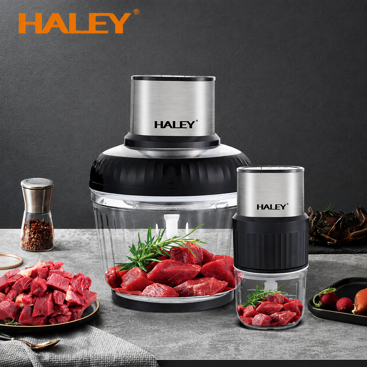 Tocător Electric Haley HY-1249, 500W, 2 Recipiente 2.5L + 0.5L, 3 Viteze, 4 + 6 Lame, Sticlă Borosilicată