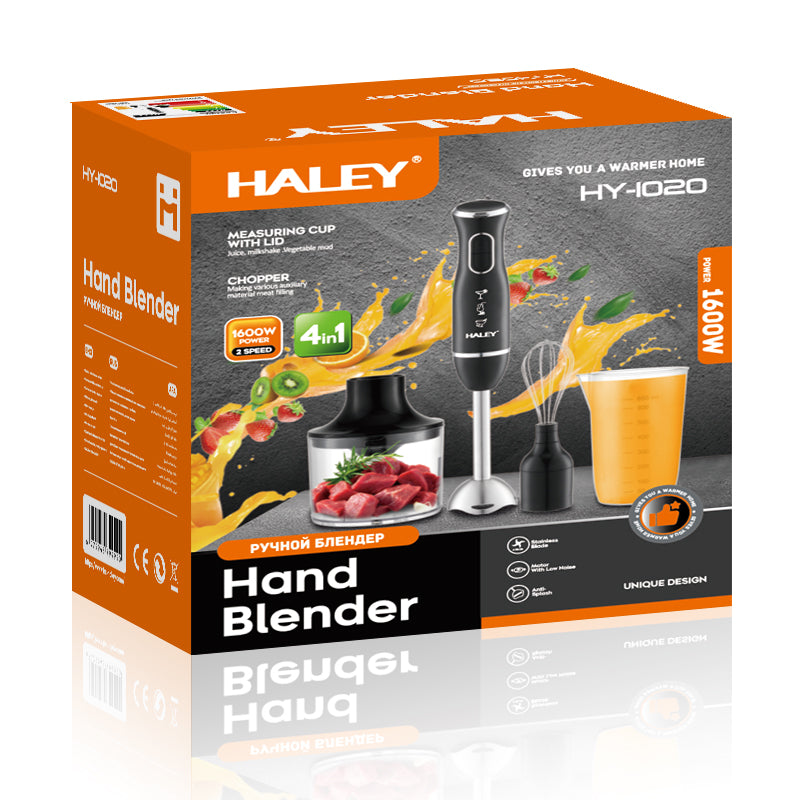 Blender de Mână Electric HALEY 4-in-1, 1600W, Oțel Inoxidabil, 2 Viteze + Accesorii – Tocător, Tel, Pahar, Multifuncțional pentru Bucătărie