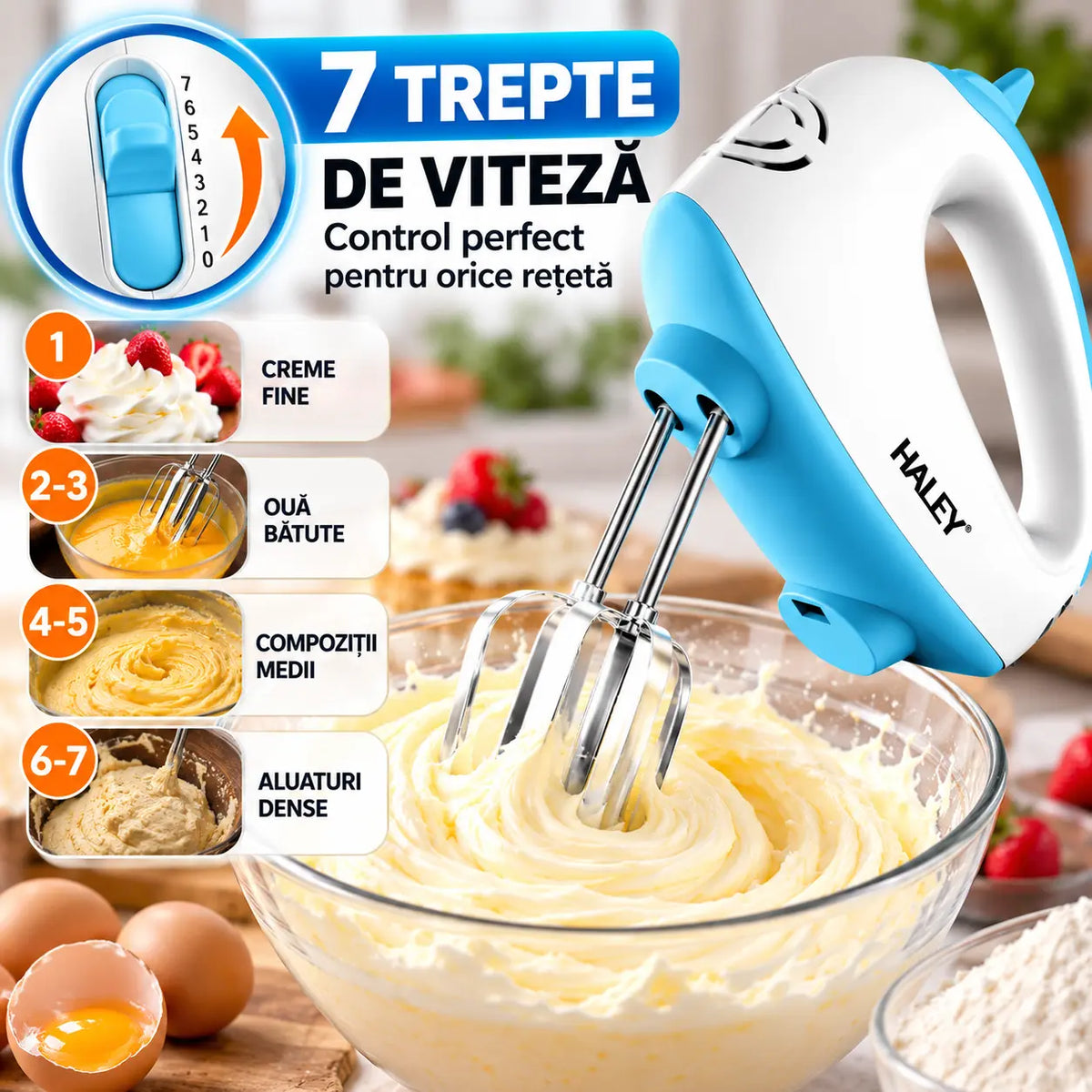 Mixer de Mână Haley 500W, 7 Trepte Viteză, Alb/Albastru, Silențios, Accesorii Incluse
