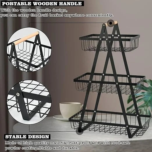 Cos de fructe, AT PERFORMANCE® decorativ, Metal, 3 etaje, Negru