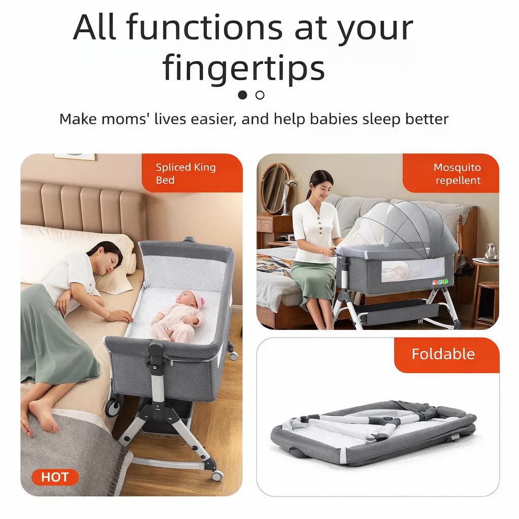 Pat portabil pentru bebeluși KIDOO® 3 în 1 cu saltea confortabilă, înălțime reglabilă, roți și pliere ușoară – ideal pentru nou-născuți, gri