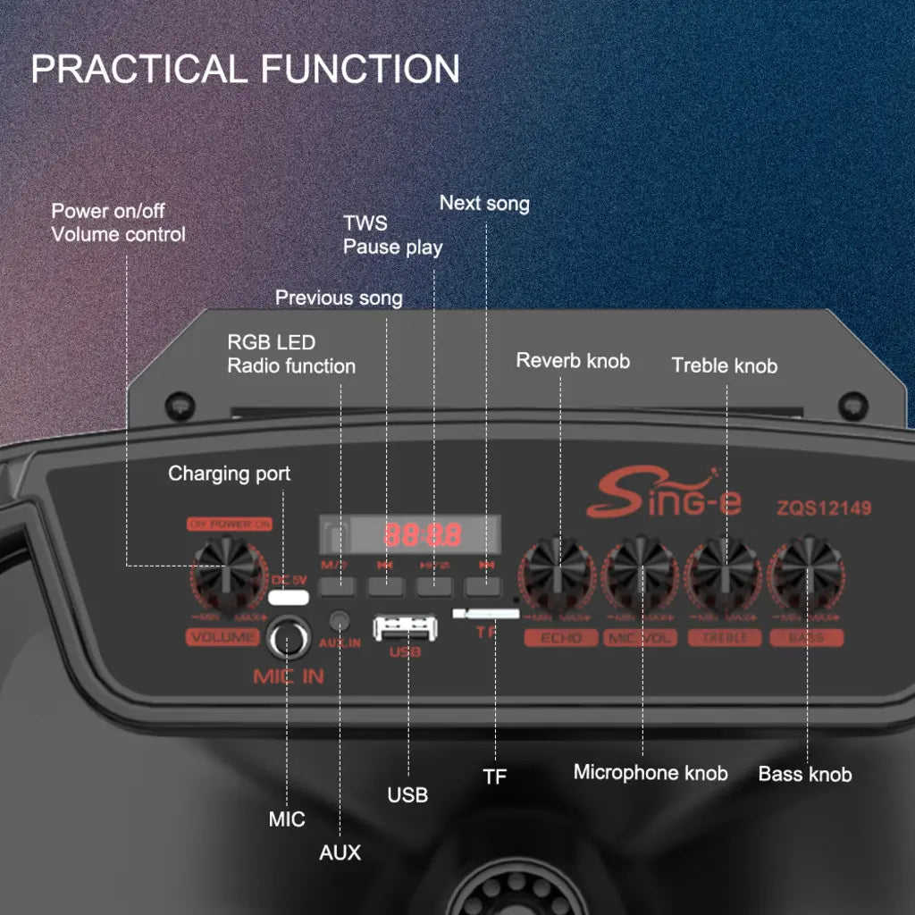 Boxă Portabilă Karaoke Sing-e ZQS12149, 12 Inch, 50W, Bluetooth 5.3, Acumulator 3000mAh, RGB LED, USB/TF/FM, 2 Microfoane Incluse, Telecomandă