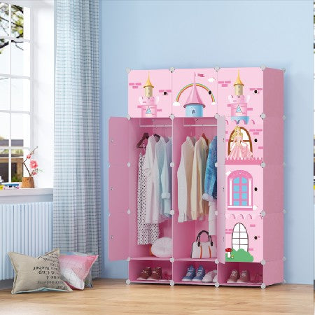 Dulap Modular pentru Copii, Roz, 15 Rafturi, Design Castel Prințese, 110x47x163 cm – Durabil și Spațios