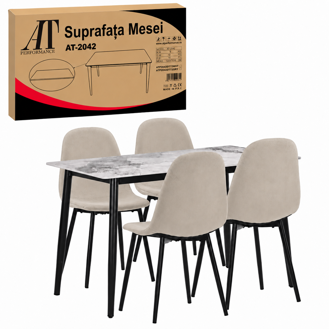 Set masă Bucatarie / Sufragerie cu 4 scaune, blat sintered stone gri și catifea, 120x70 cm