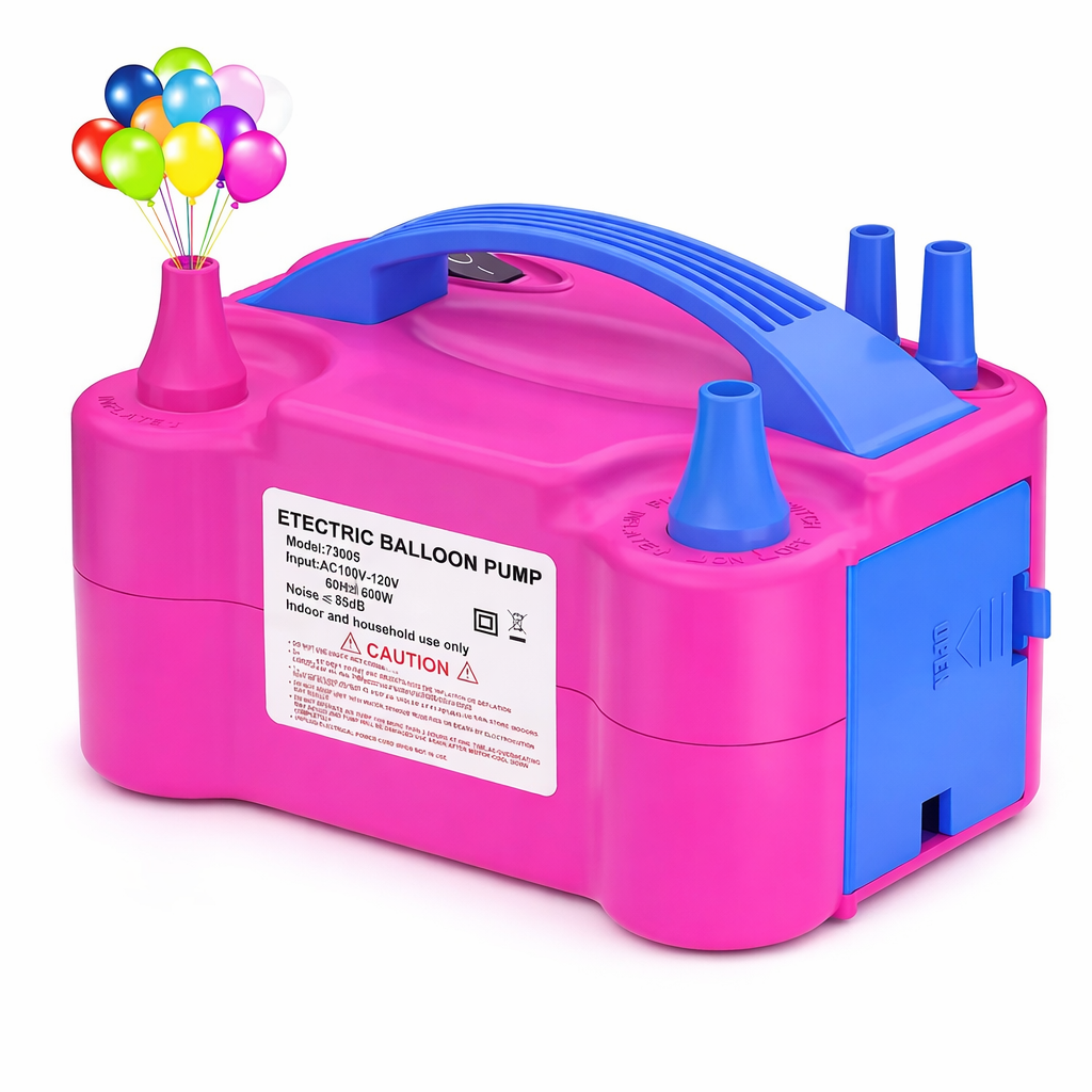 Compresor Profesional pentru umflat baloane si obiecte gonflabile, Putere 600 W, Alimentare 220 V, Culoare Roz / Albastru