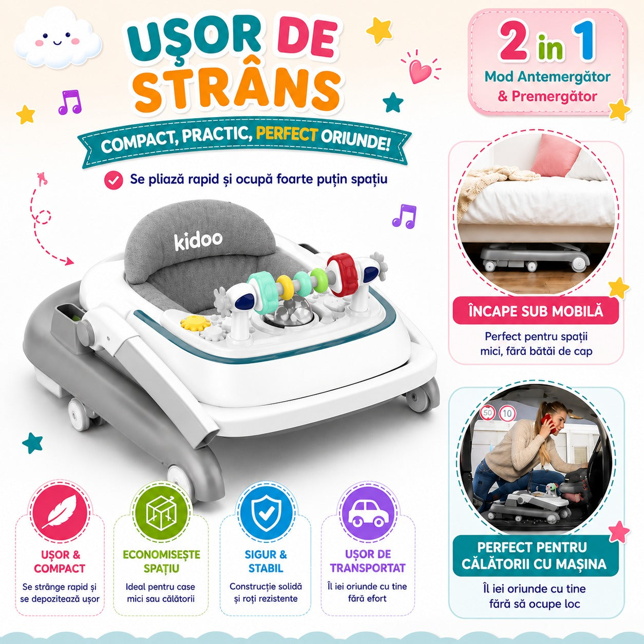 Premergător educațional 3 în 1 KIDOO®, pentru copii | Masuță, Premergător ; Antemergător | Reglabil, Muzical, Anti-cădere