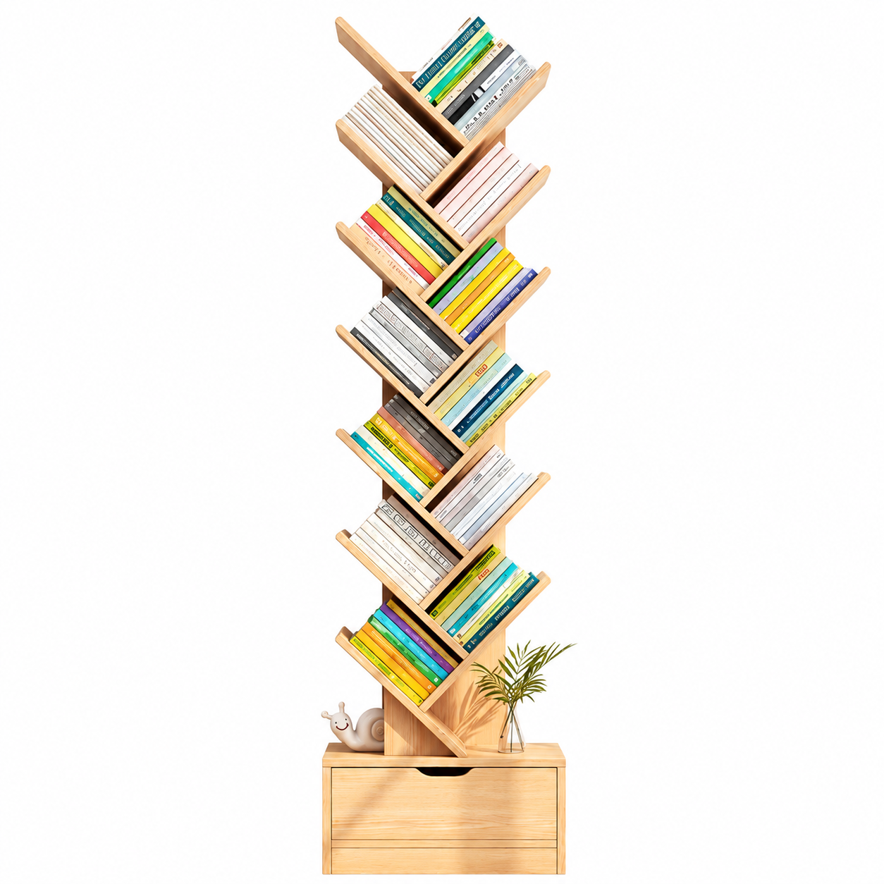 Bibliotecă Tip Arbore cu 12 Niveluri și Sertar Inferior, Raft pentru Cărți Modern, Economisire Spațiu pentru Living, Dormitor și Birou