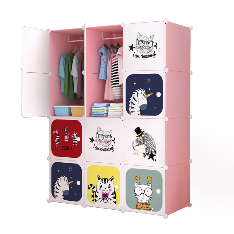 Dulap modular pentru copii, Alb/Roz, AT PERFORMANCE®, 12 rafturi, durabil 110X37X147 cm