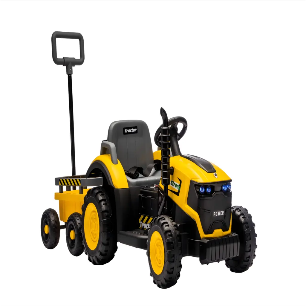 Tractor Electric KIDOO pentru Copii cu Telecomandă 2.4G, Remorcă Detașabilă, 12V 4.5Ah, 2 Motoare 380, Lumini LED, Muzică, Centură de Siguranță, Galben/Gri