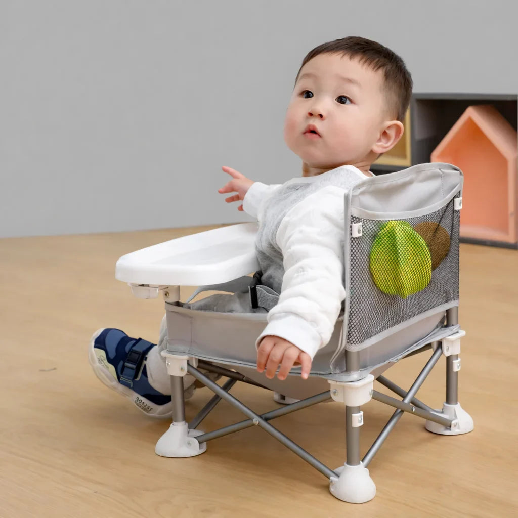 Scaun bebe, pliabil, compact, portabil, usor de depozitat, cu tava detasabila, pentru masa si joaca, cu spatiu de depozitare, ham de siguranta in 5 puncte