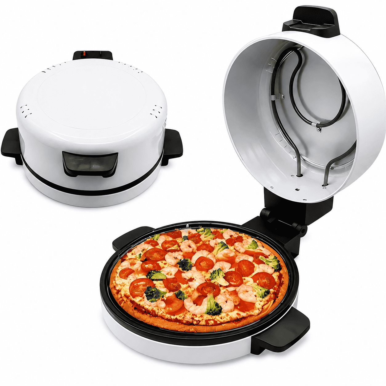 Cuptor Electric pentru Pizza 3000W, Deschidere 180°, Încălzire Sus-Jos, Tavă Rotundă, Mânere Termoizolante, Alb