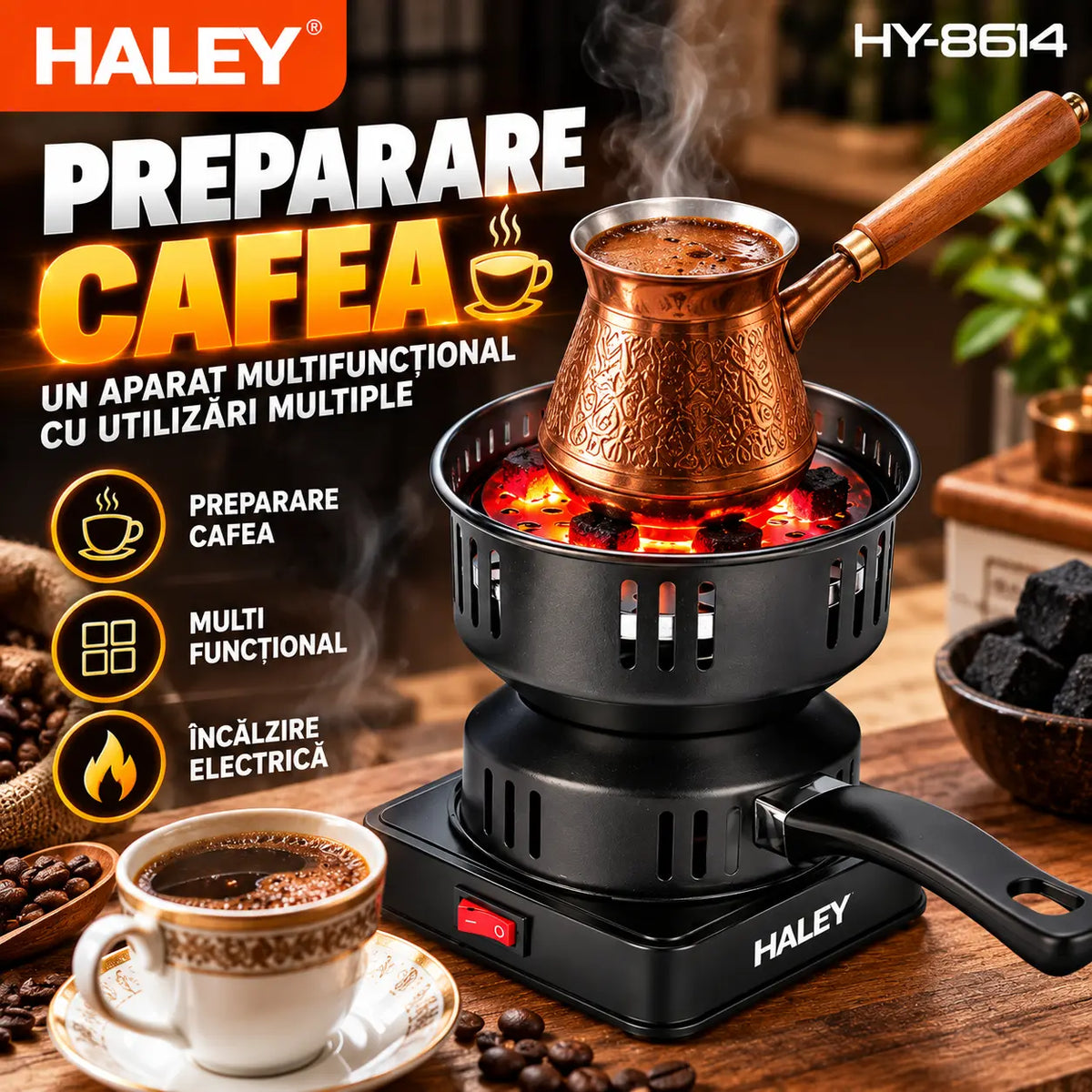 Aprinzător Electric Cărbuni HALEY HY-8614, 500W, 220–240V, 50/60Hz, Multifuncțional, pentru Aprindere Cărbuni, Încălzire, Preparare Cafea, Tămâie și Ceară, 2 Tăvi Incluse