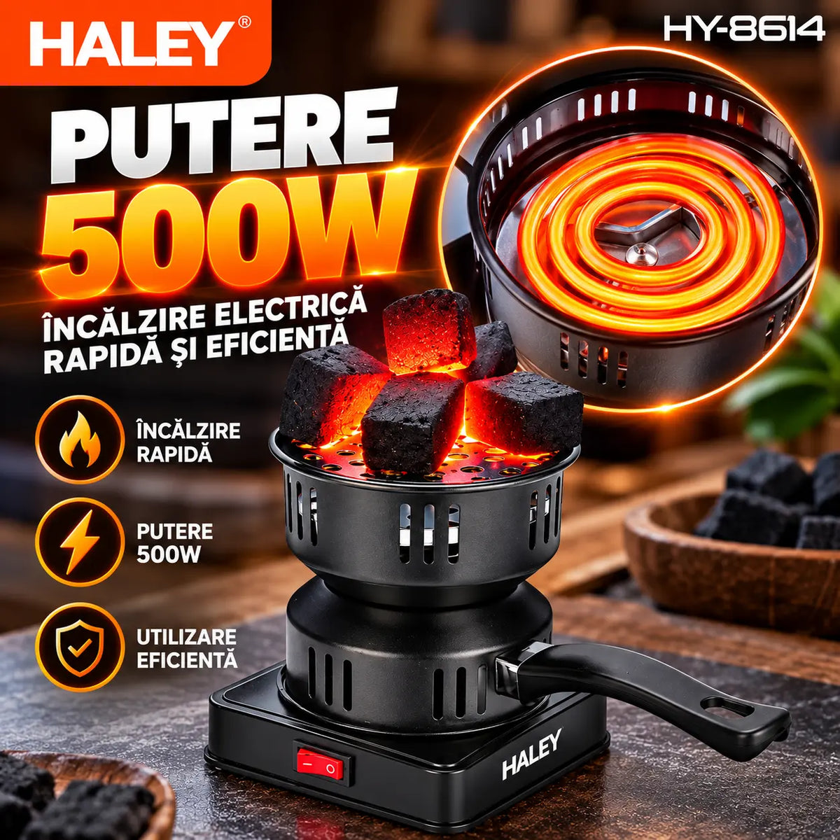 Aprinzător Electric Cărbuni HALEY HY-8614, 500W, 220–240V, 50/60Hz, Multifuncțional, pentru Aprindere Cărbuni, Încălzire, Preparare Cafea, Tămâie și Ceară, 2 Tăvi Incluse
