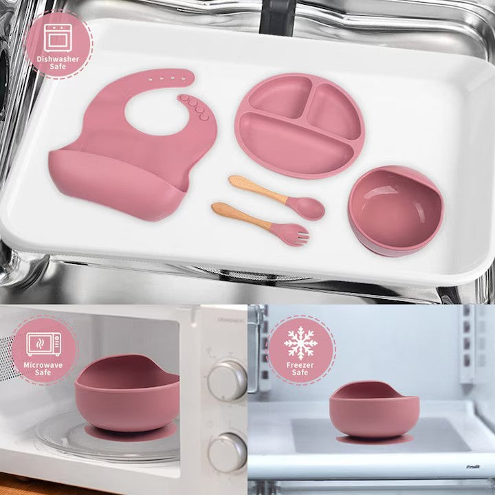 Pachet 2 în 1 pentru Bebeluși: Balansoar Electric 5 în 1 Mastela Roz + Set Hrănire 10 Piese Silicon | Confort și Siguranță de la Naștere