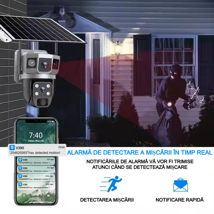 Cameră Supraveghere Solară 4G cu 2 Camere AT PERFORMANCE® – 4MP HD, Zoom Optic 10x, PTZ, V380 App, Exterior, Baterie Integrată