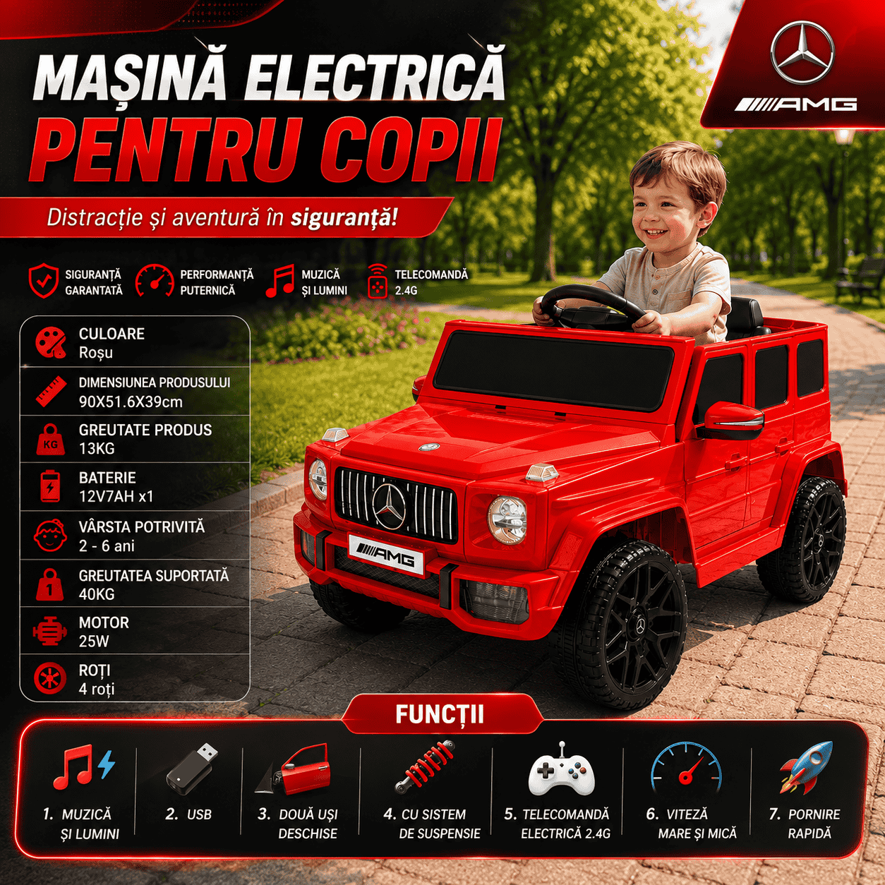 Mașină Electrică pentru Copii Tip SUV 4x4 Premium, Design Inspirat Mercedes G-Class AMG, 12V, Lumini LED, Muzică, Rosu
