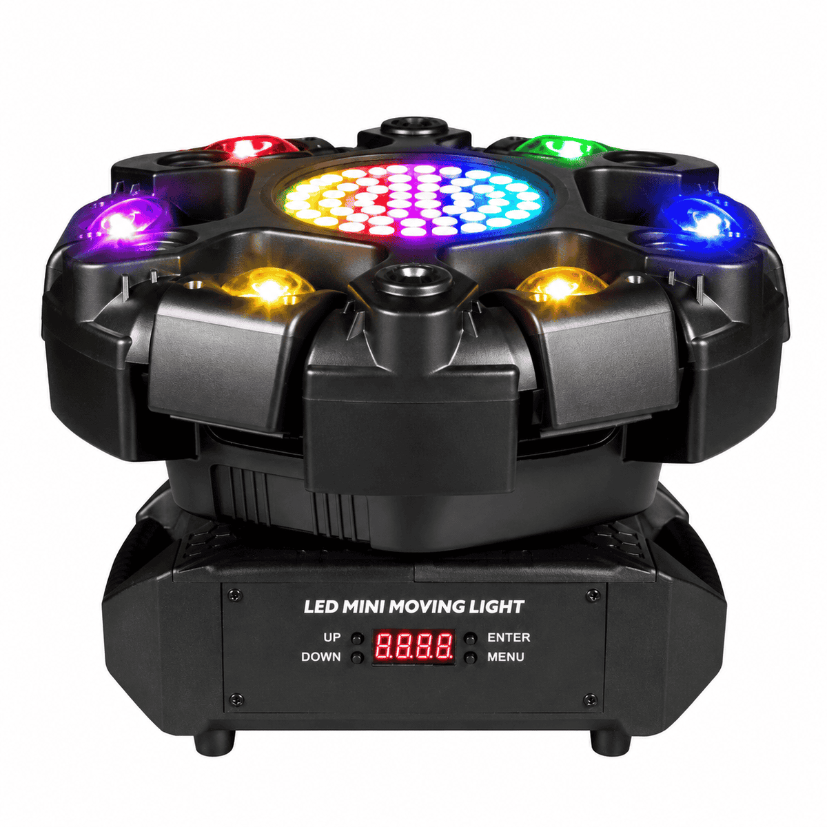 Moving Head LED Profesional Multi-Efect 100W, 6×10W RGBW CREE, Laser Roșu + Verde, Strobe Alb și Galben, 91 LED-uri, Brațe Rotative, DMX512 21 Canale, Sound Control