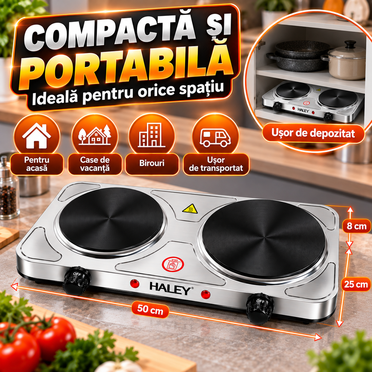 Plita Electrica HALEY HY-1893, 2 Zone de Gatit, Putere 1500W + 1000W, Design Elegant din Otel Inoxidabil