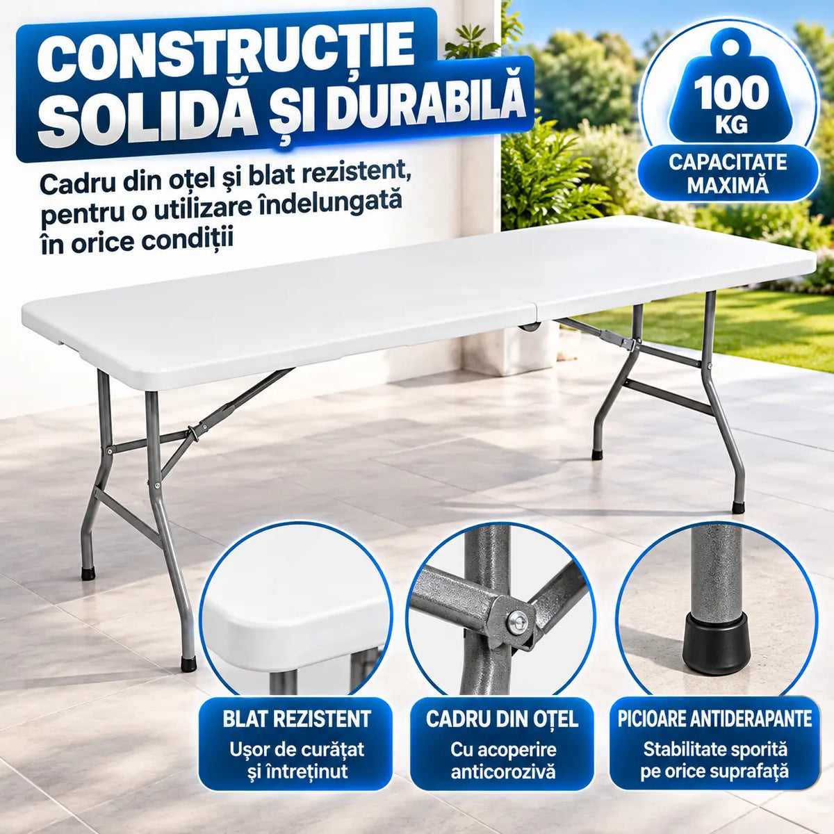 Masa plianta dreptunghiulara politilena, AT PERFORMANCE®, sigurante speciale, cadru din otel, maner transport, sustine 100 kg, 180 x 72 x 70 cm