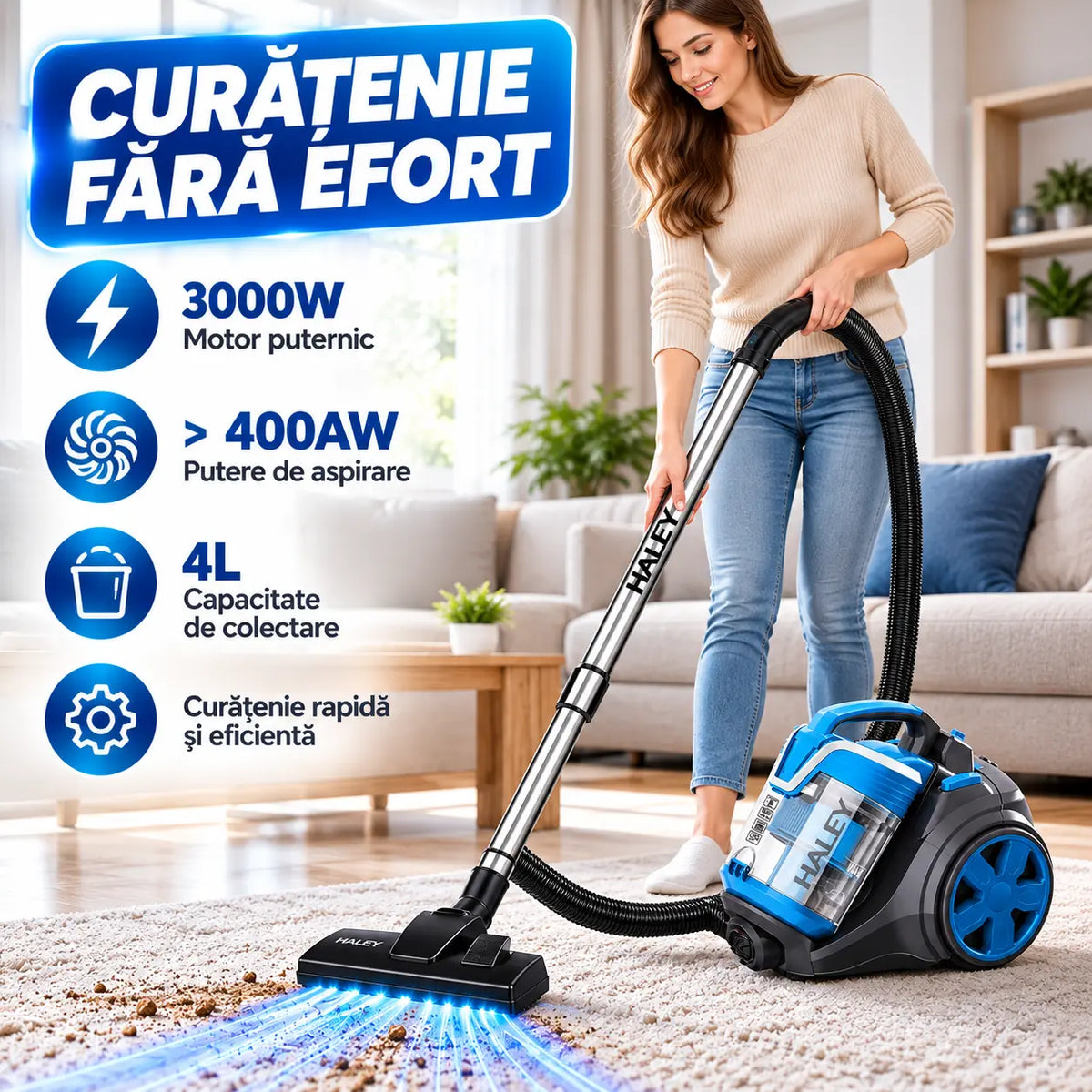 Aspirator cu Sac HALEY 4L, 3000W, Aspirator de praf Aspirator puternic cu fir, de calitate, cu ciclon