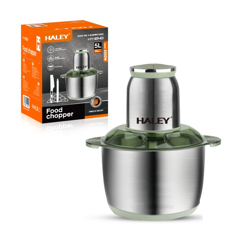 Tocător Electric HALEY 1000W, 4 Lame Inox, Bol 5L Full Inox, 2 Viteze, 2 Palete Interșanjabile