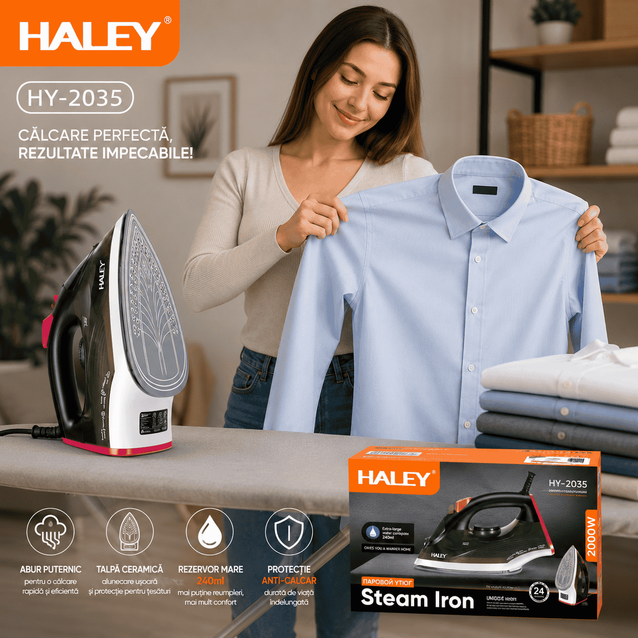 Fier De Călcat Cu Abur HALEY, Talpă Ceramică, Design Ergonomic, Funcții Multiple