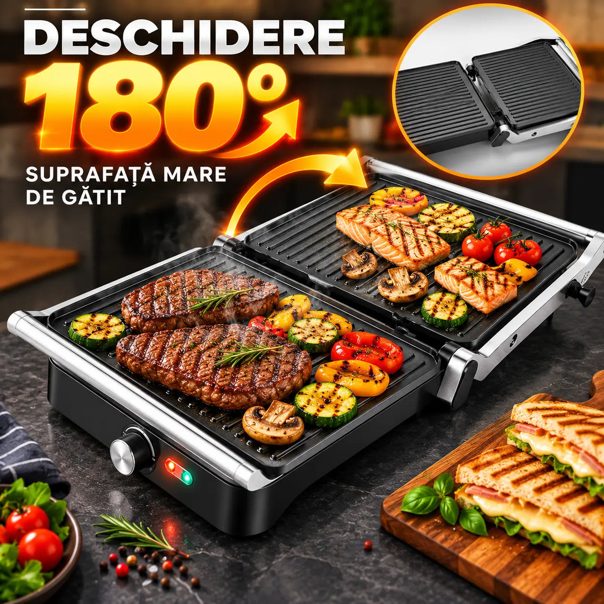 Grill Electric Haley HY-8609, 2000W, Plăci Antiaderente, Deschidere 180°