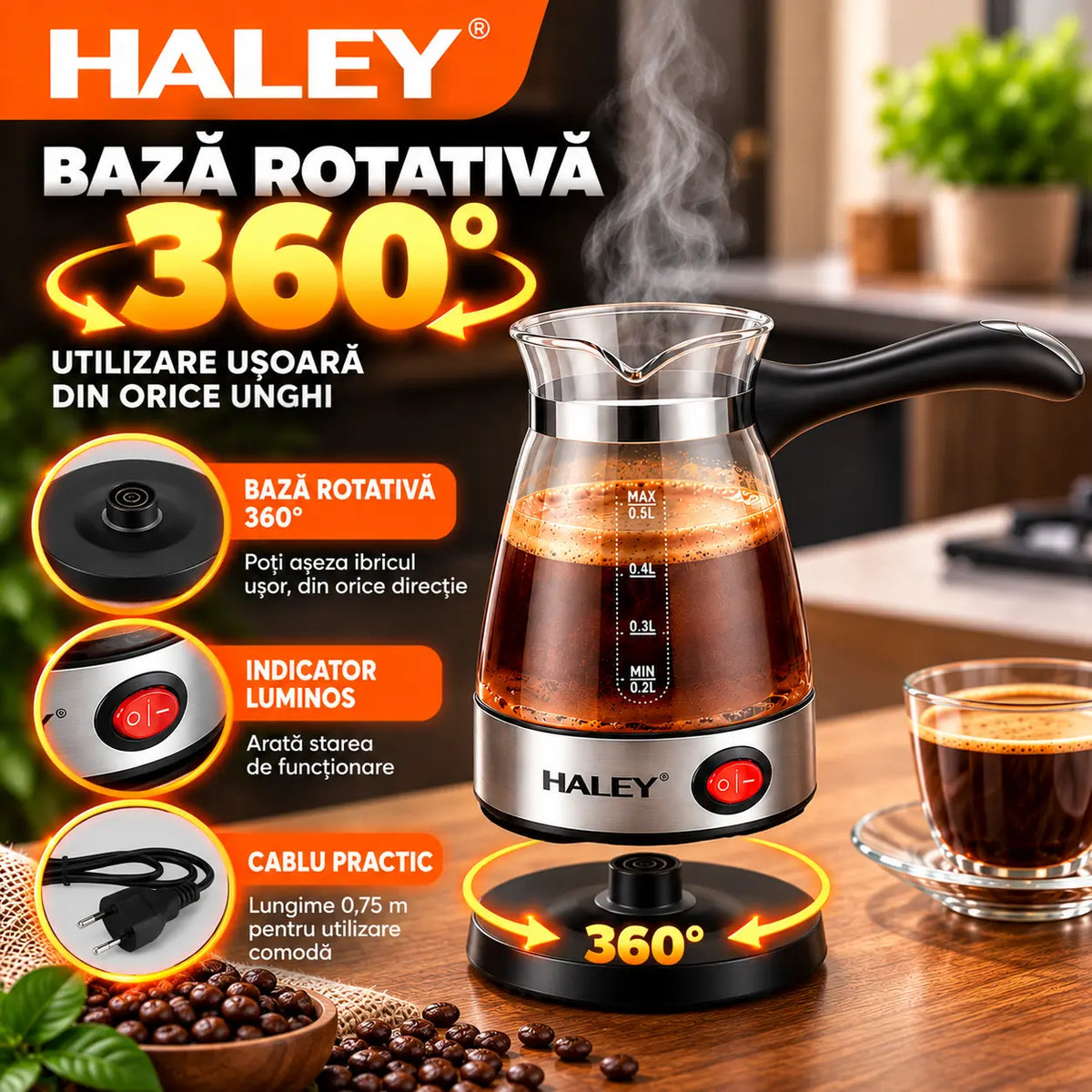 Ibric Electric HALEY® HY-8926, 600W, Capacitate 500 ml, Protecție Boil-Dry, Bază Rotativă 360°