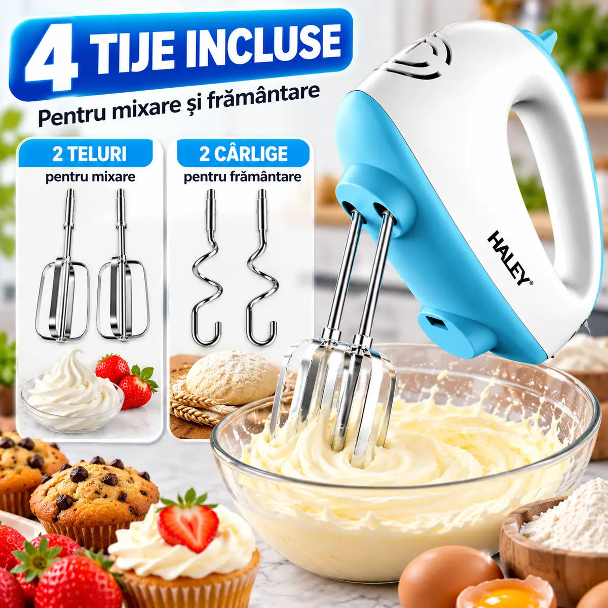 Mixer de Mână Haley 500W, 7 Trepte Viteză, Alb/Albastru, Silențios, Accesorii Incluse