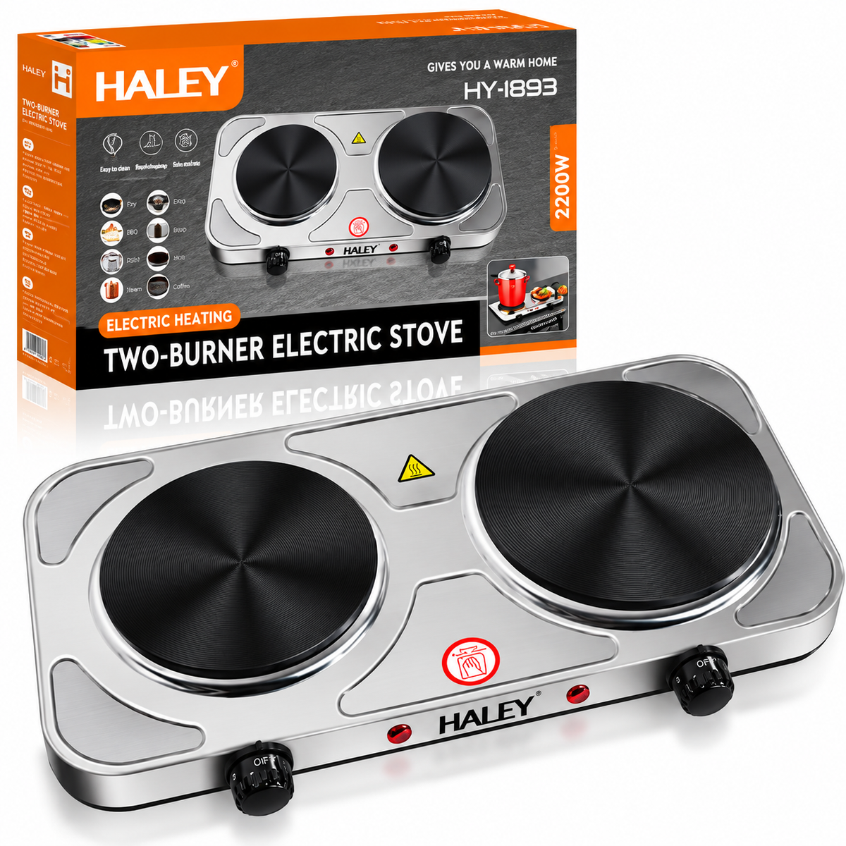Plita Electrica HALEY HY-1893, 2 Zone de Gatit, Putere 1500W + 1000W, Design Elegant din Otel Inoxidabil