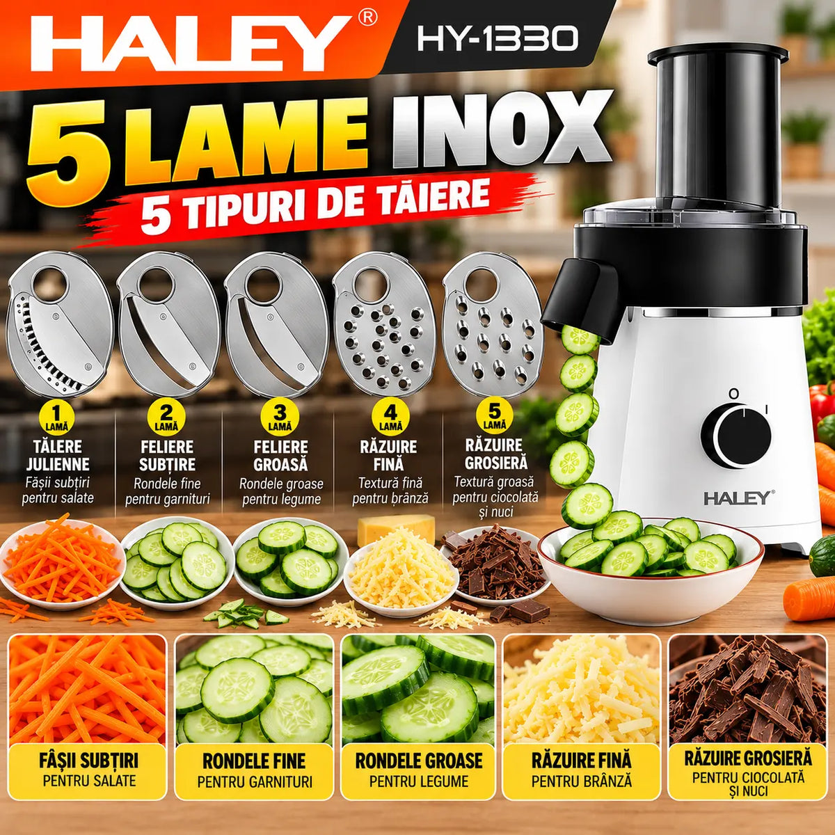 Răzătoare Electrică Multifuncțională HALEY® HY-1330, 600W, 5 Accesorii de Tăiere, Feliere și Răzuire, Lame din Oțel Inoxidabil, Motor Puternic, Componente Detașabile, Bază Antialunecare