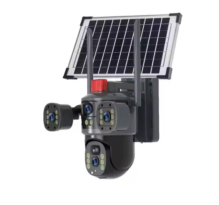 Cameră Supraveghere Solară cu 4 Camere AT PERFORMANCE® – 4K UltraHD, 4G SIM, Detecție Mișcare, Viziune Nocturnă 360° Această cameră de supraveghe + Cadou Card SD 32GB