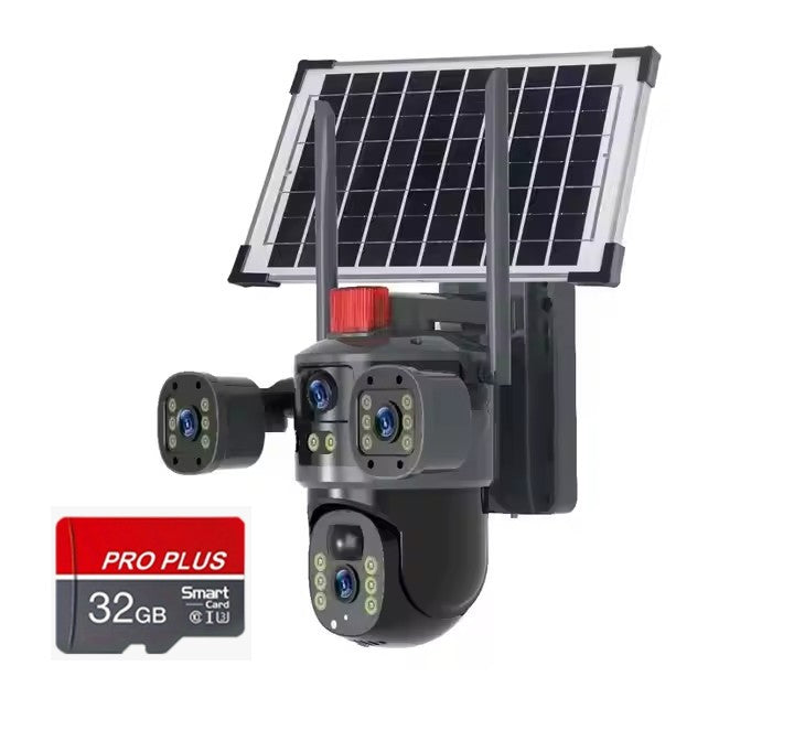 Cameră Supraveghere Solară cu 4 Camere AT PERFORMANCE® – 4K UltraHD, 4G SIM, Detecție Mișcare, Viziune Nocturnă 360° Această cameră de supraveghe + Cadou Card SD 32GB