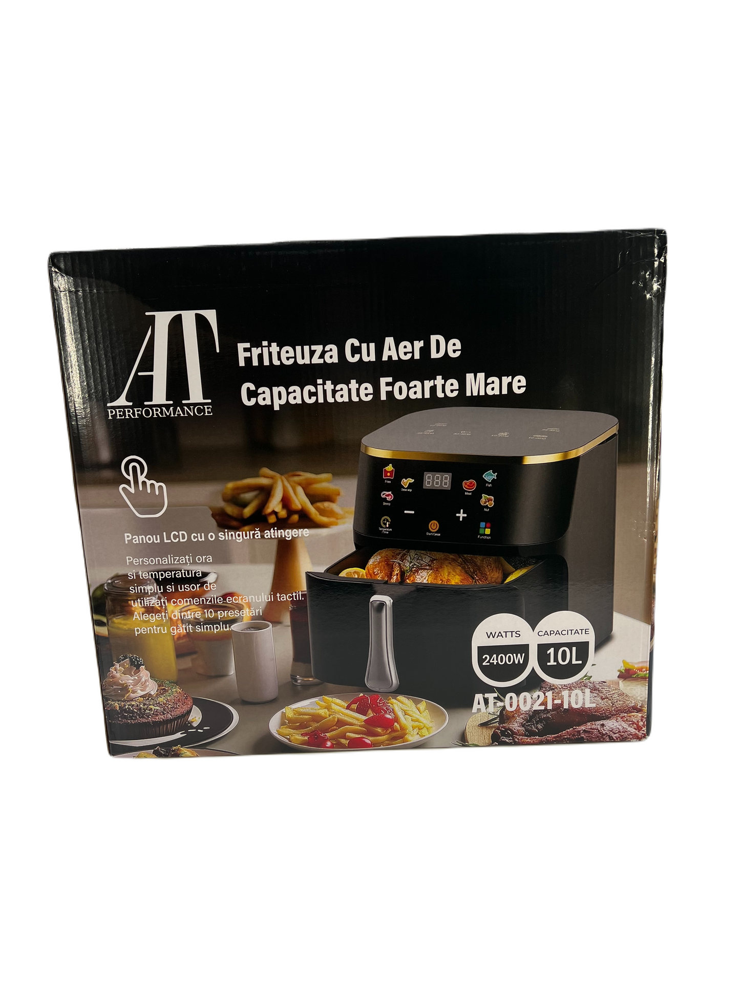 Friteuza cu Aer Cald AT PERFORMANCE®, capacitate 10 L, display digital, Control touch 6 functii de gătire presetatefunctie de mentinere la cald, pot detasabil, curatare usoara, Negru+CADOU 50 HARTII DE COPT
