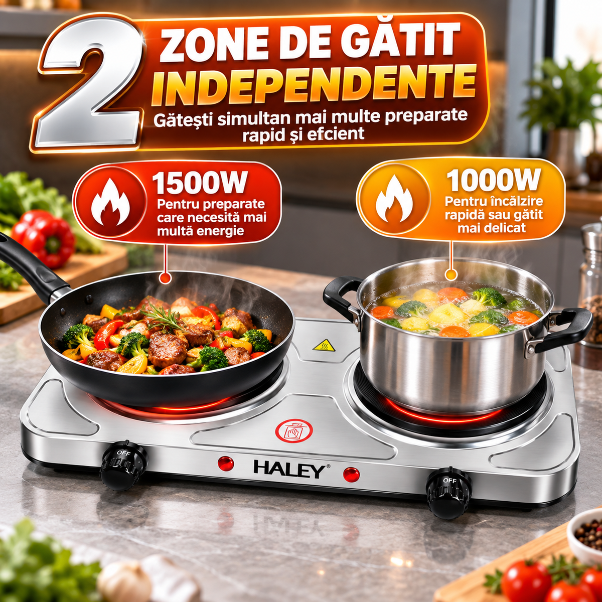 Plita Electrica HALEY HY-1893, 2 Zone de Gatit, Putere 1500W + 1000W, Design Elegant din Otel Inoxidabil