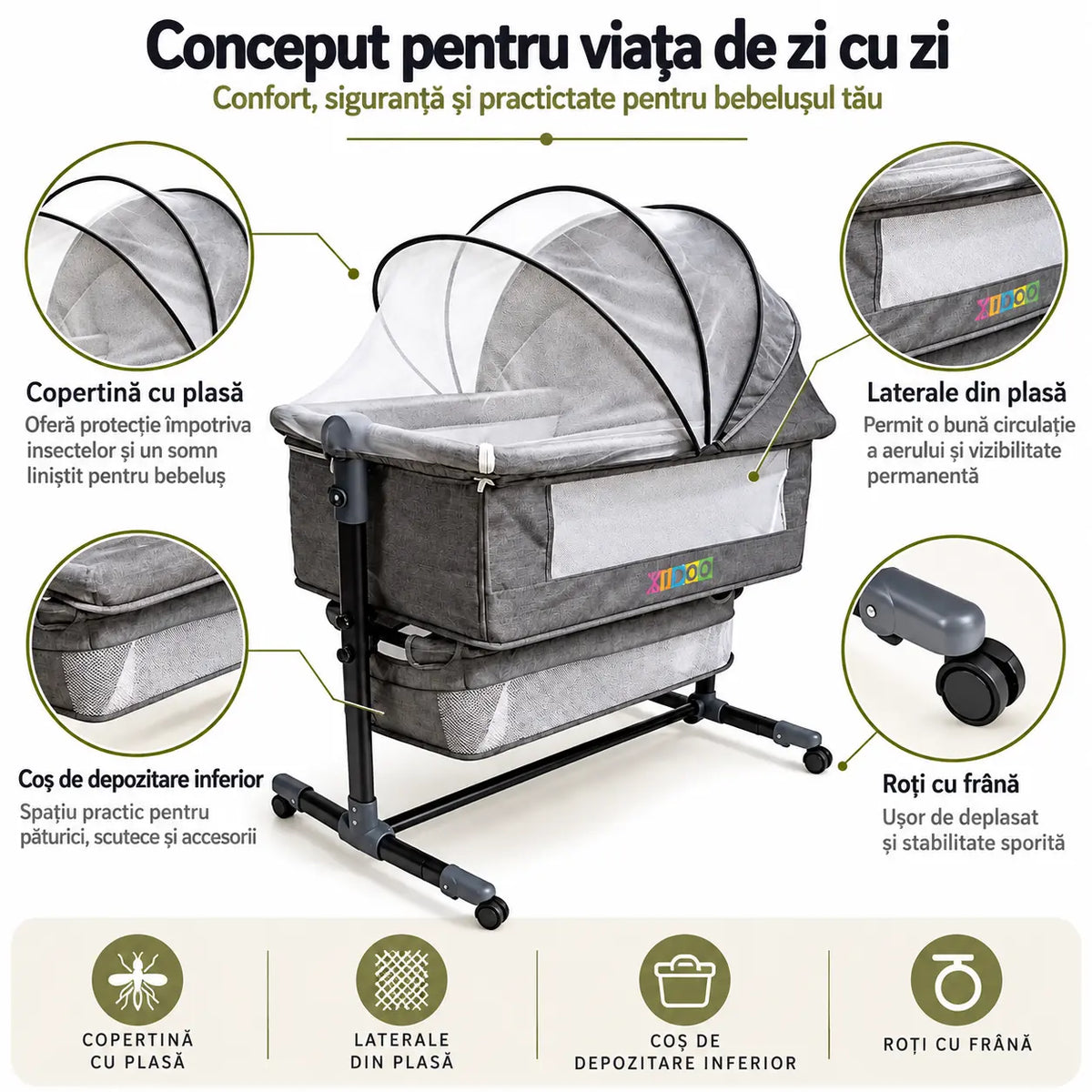 Pătuț Reglabil și Portabil 6 în 1 KIDOO® pentru Bebe – Saltea, Plasă Anti-Țânțari și Coș de Depozitare