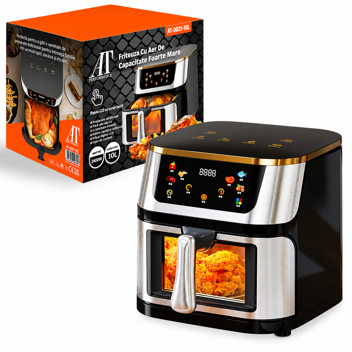 Friteuză cu Aer Cald 10L AT PERFORMANCE® – 2400W, Display Digital Touch, 8 Programe, cu Geam, Neagră