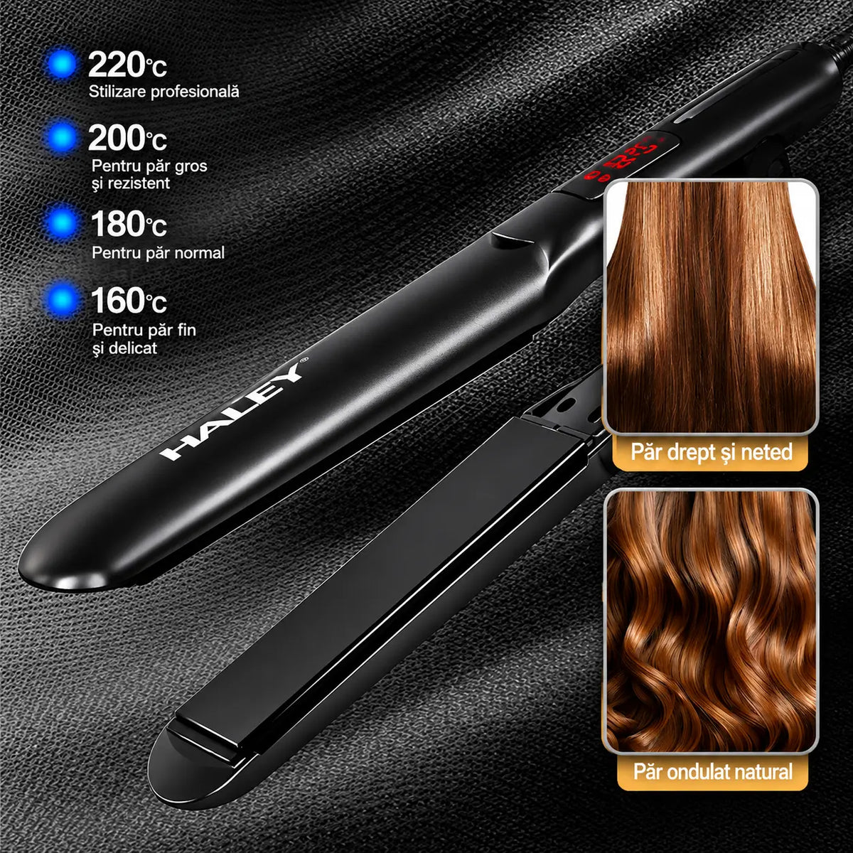 Placă de Îndreptat Părul HALEY HY-3023, 60W, Încălzire Rapidă, Modelare de Lungă Durată, Design Unic, Hair Straightener