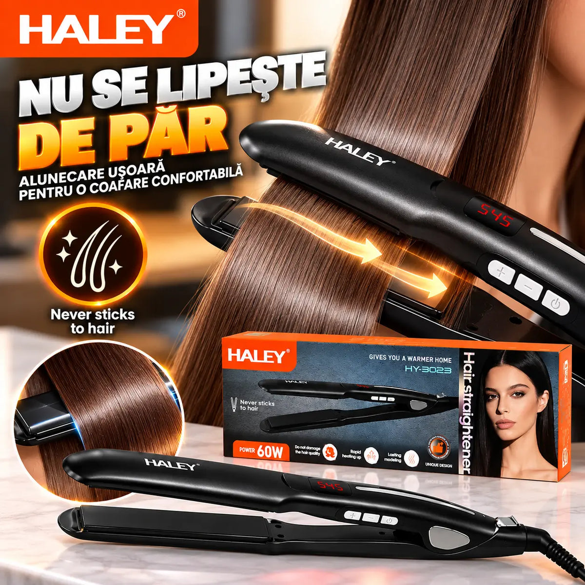 Placă de Îndreptat Părul HALEY HY-3023, 60W, Încălzire Rapidă, Modelare de Lungă Durată, Design Unic, Hair Straightener