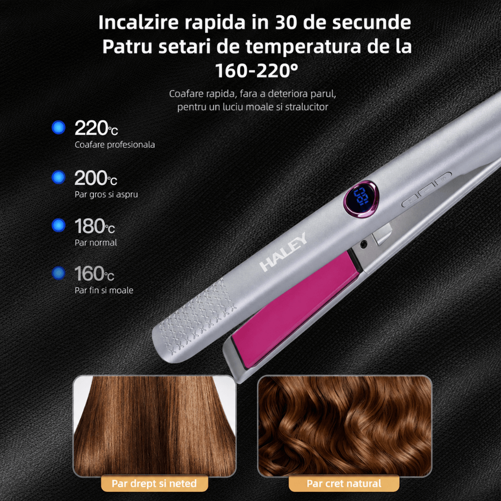 Placă De Păr Cu Control Temperatură 100-230°C, Încălzire Rapidă PTC Și Indicator Luminos