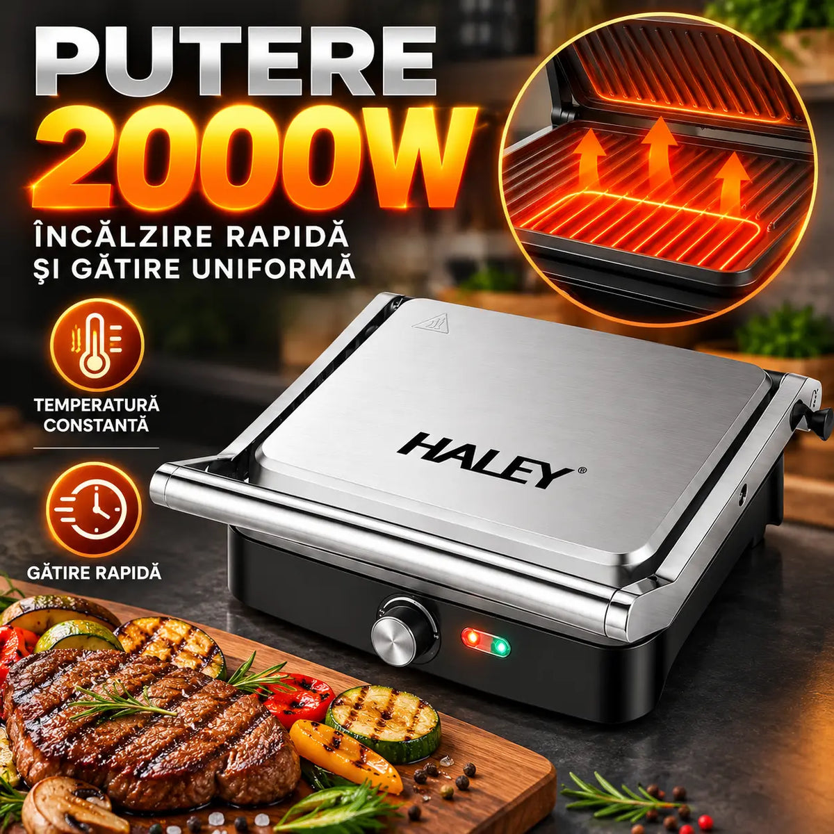 Grill Electric Haley HY-8609, 2000W, Plăci Antiaderente, Deschidere 180°