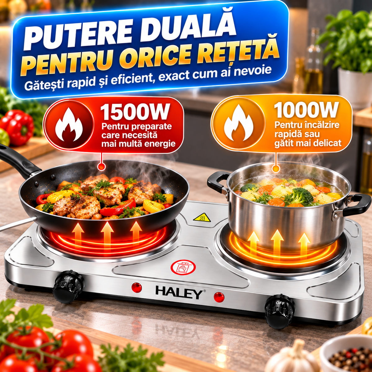 Plita Electrica HALEY HY-1893, 2 Zone de Gatit, Putere 1500W + 1000W, Design Elegant din Otel Inoxidabil