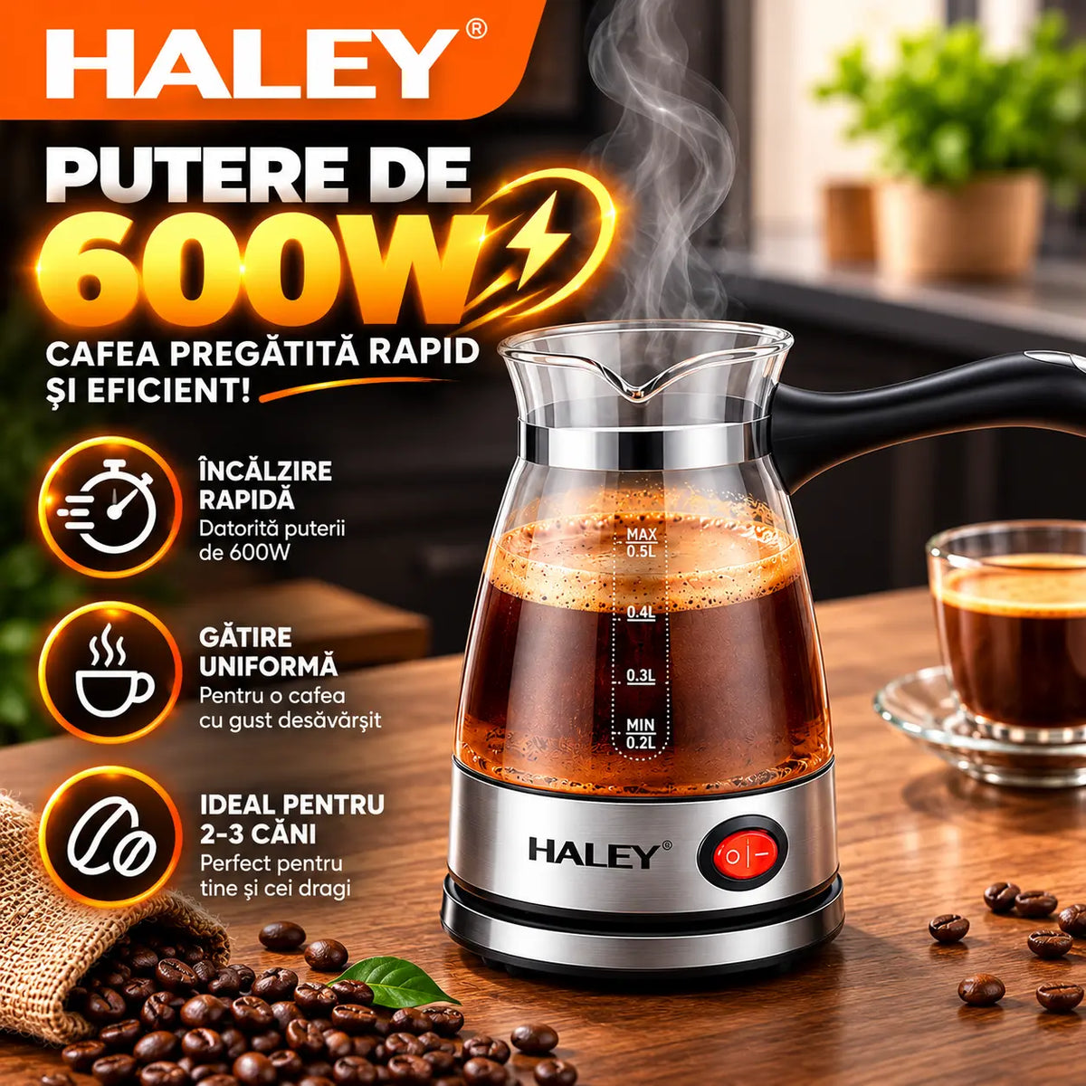 Ibric Electric HALEY® HY-8926, 600W, Capacitate 500 ml, Protecție Boil-Dry, Bază Rotativă 360°