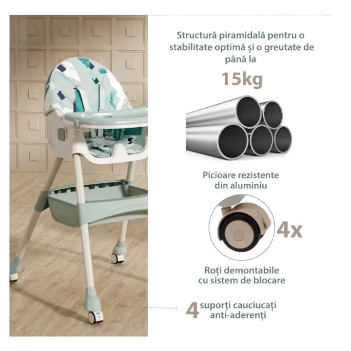 Scaun de masa bebe, At Performance, Pliabil, Inaltime ajustabila 5 pozitii, 4 roti, Structura otel, gri.