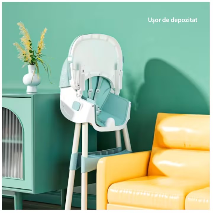 Scaun de masa bebe, At Performance, Pliabil, Inaltime ajustabila 5 pozitii, 4 roti, Structura otel, gri.