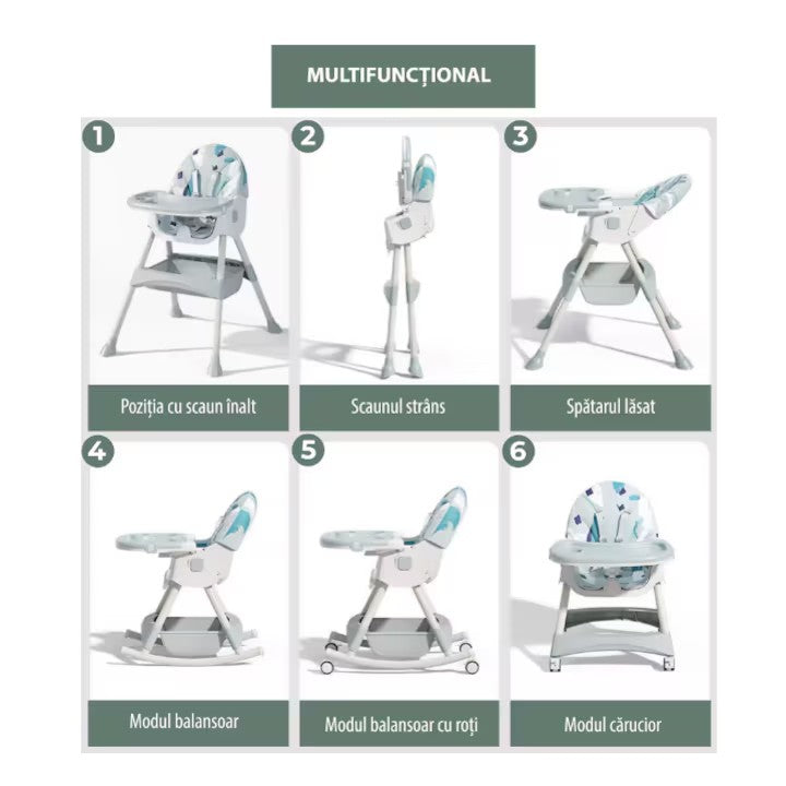 Scaun de masa bebe, At Performance, Pliabil, Inaltime ajustabila 5 pozitii, 4 roti, Structura otel, gri.