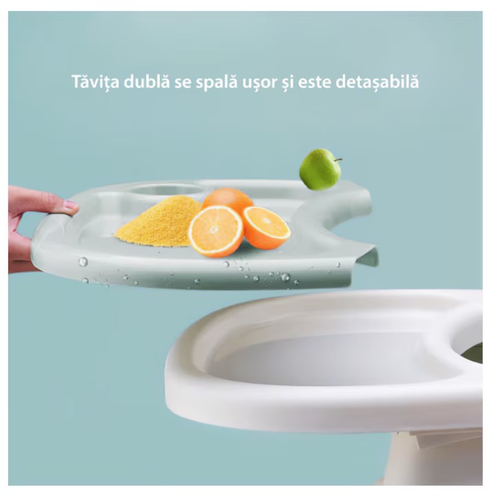 Scaun de masa bebe, At Performance, Pliabil, Inaltime ajustabila 5 pozitii, 4 roti, Structura otel, gri.