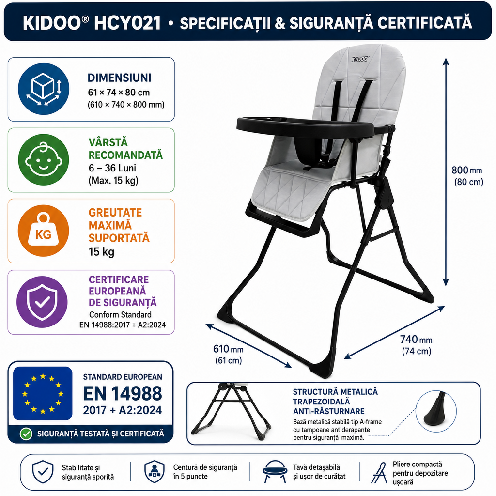 Scaun de masă pliabil pentru bebeluși și copii KIDOO HCY021 – Compact, Metalic, 6–36 luni